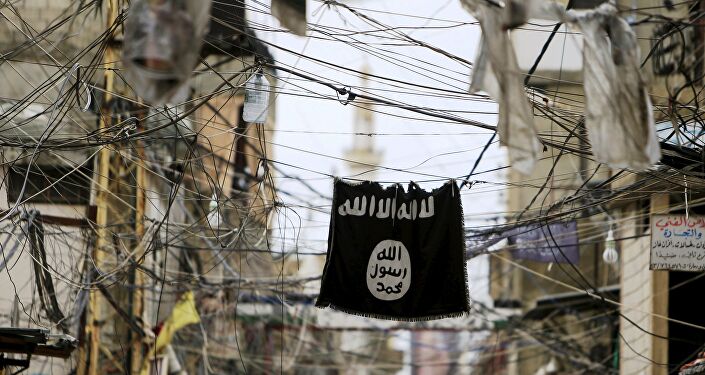 Elektrik tellerinden sarkan bir IŞİD bayrağı.